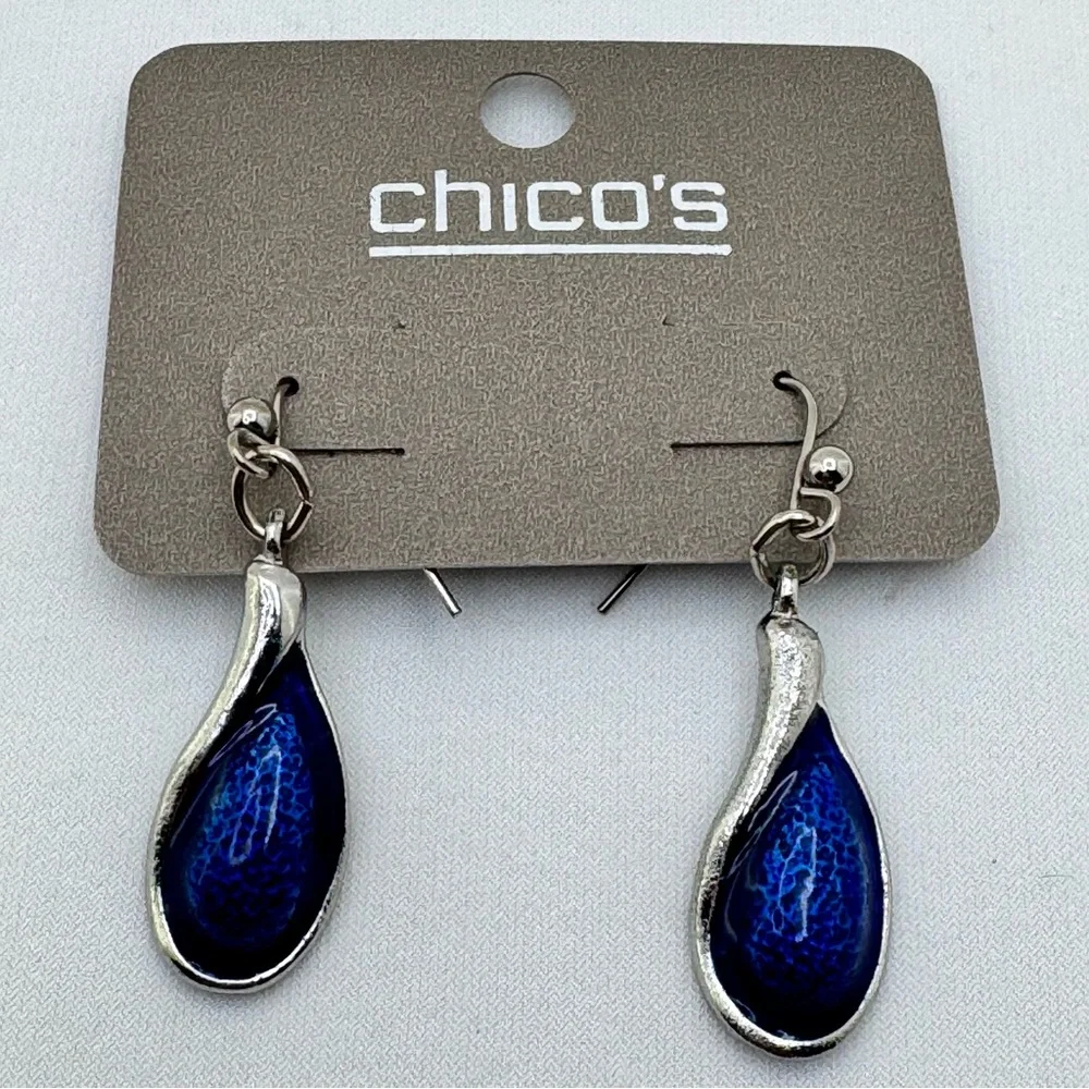 Chico’s Silver Tone Blue Enamel Teardrop Dangle Earrings NWT Boho Chic